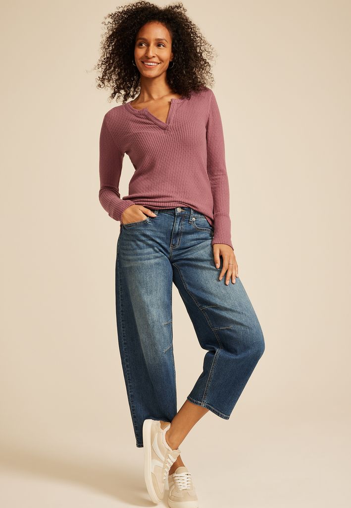 Pointelle Notch Neck Ribbed Long Sleeve Tee - Image 3