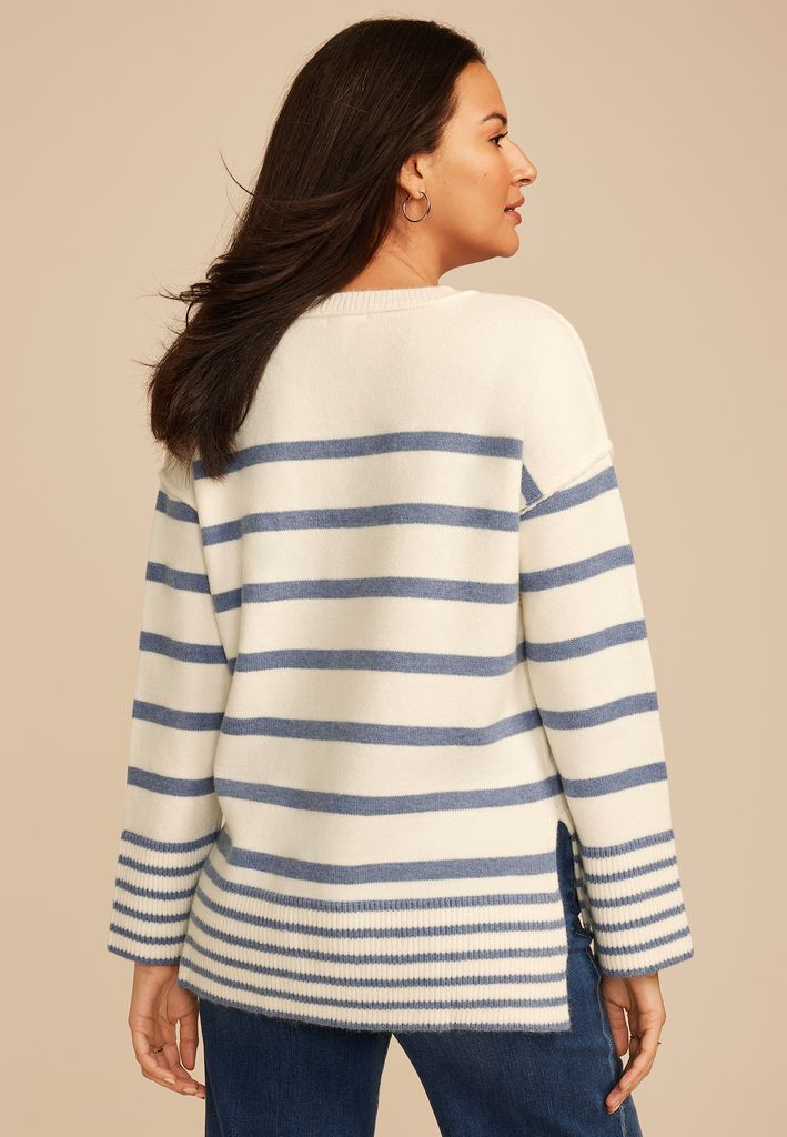 Striped Crew Neck Step Hem Sweater - Image 2