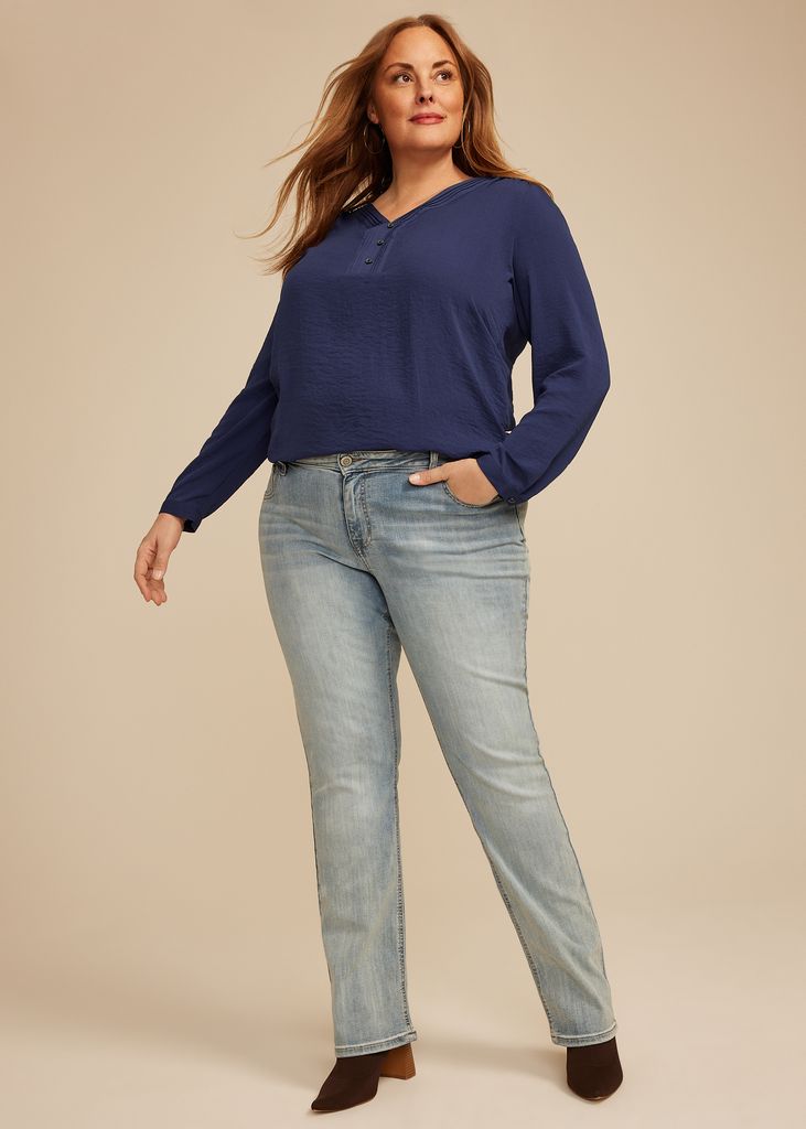 Plus Size Pleated V Neck Button Front Blouse - Image 3