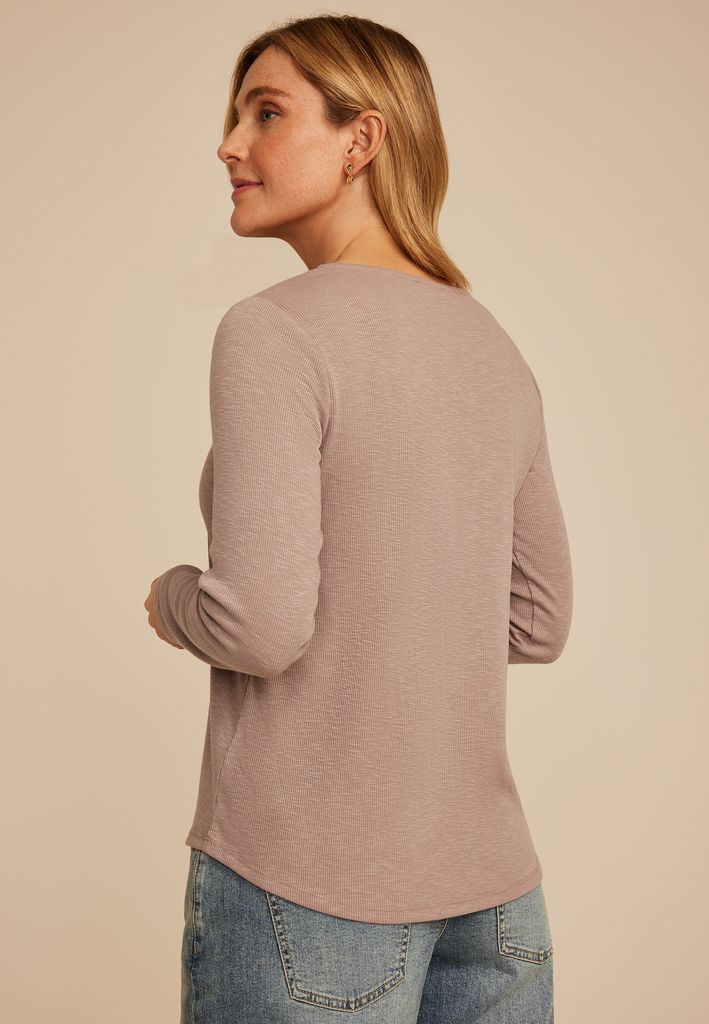 Crochet Yoke Henley Long Sleeve Top - Image 2