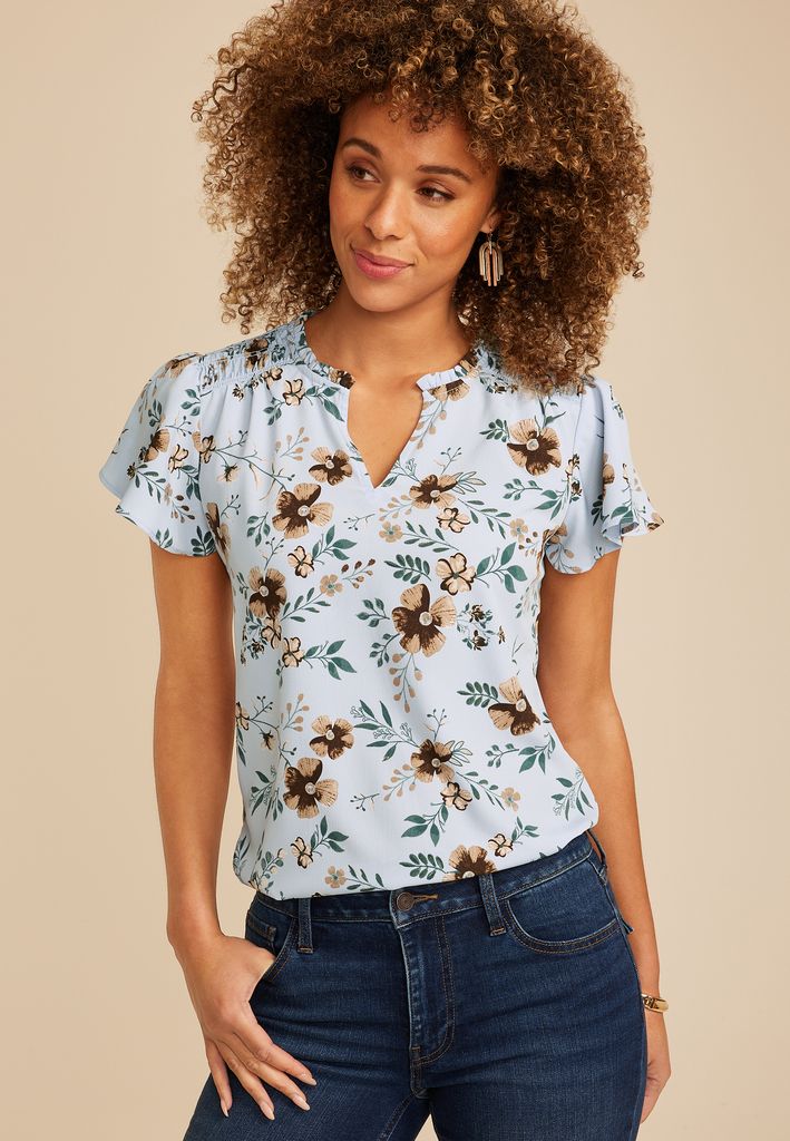 Blue Floral Smocked Shoulder Flutter Sleeve Blouse