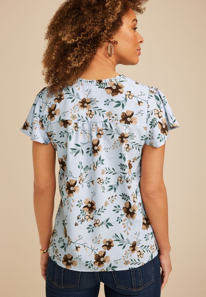 Blue Floral Smocked Shoulder Flutter Sleeve Blouse - Image 2