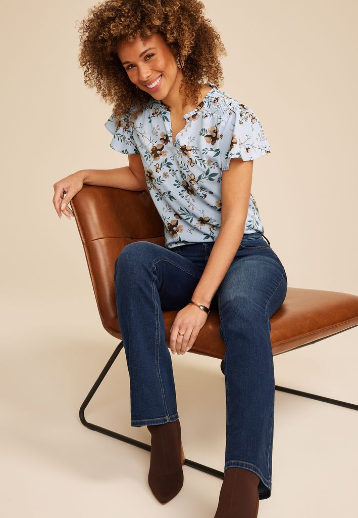 Blue Floral Smocked Shoulder Flutter Sleeve Blouse - Image 3