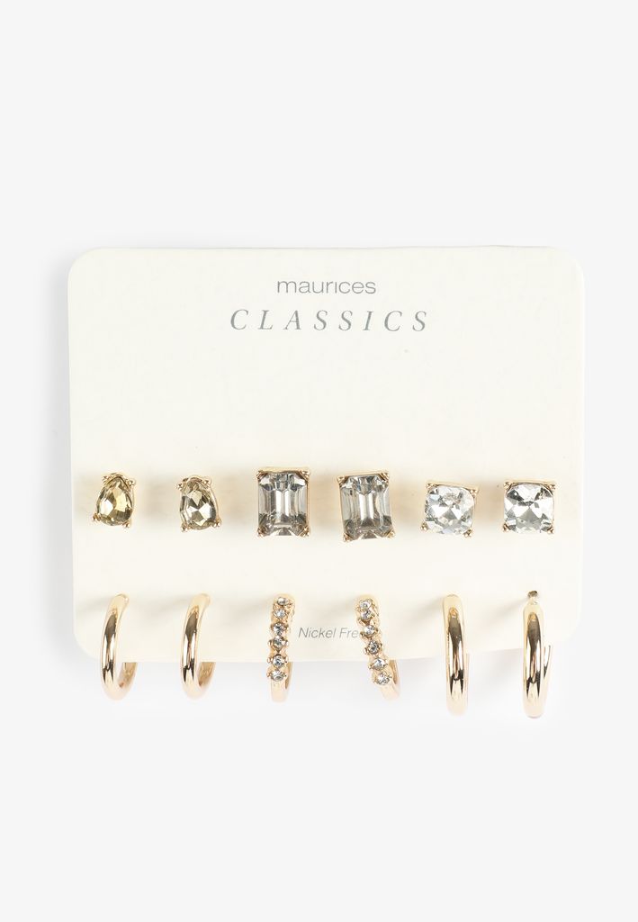 6 pack Crystal Stud and Hoop Earring Set